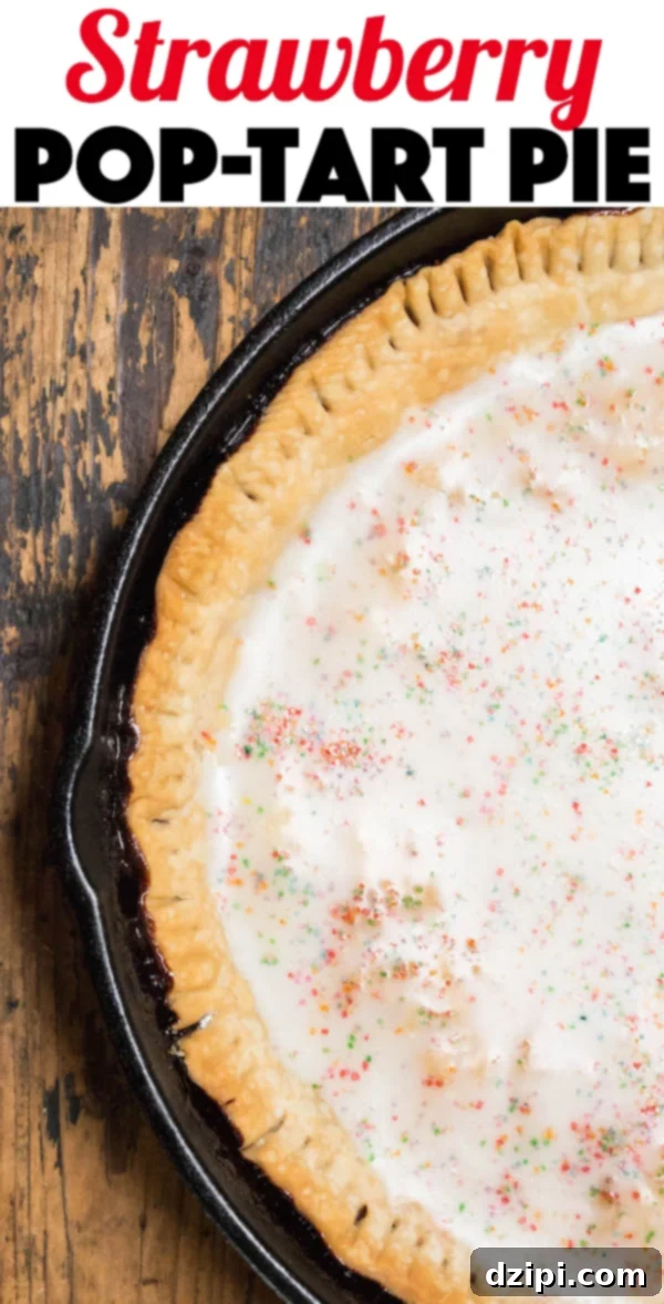 A close-up view of the Strawberry Pop-Tart Pie, highlighting the thick, sweet glaze and festive sprinkles.