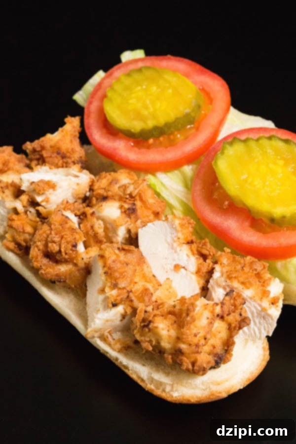 The Ultimate Homemade Chicken Tender Sub 3 An open Chicken Tender Sub Sandwich showcasing chopped chicken tenders on the bottom, layered with crisp lettuce, ripe tomato slices, and tangy pickles on top.