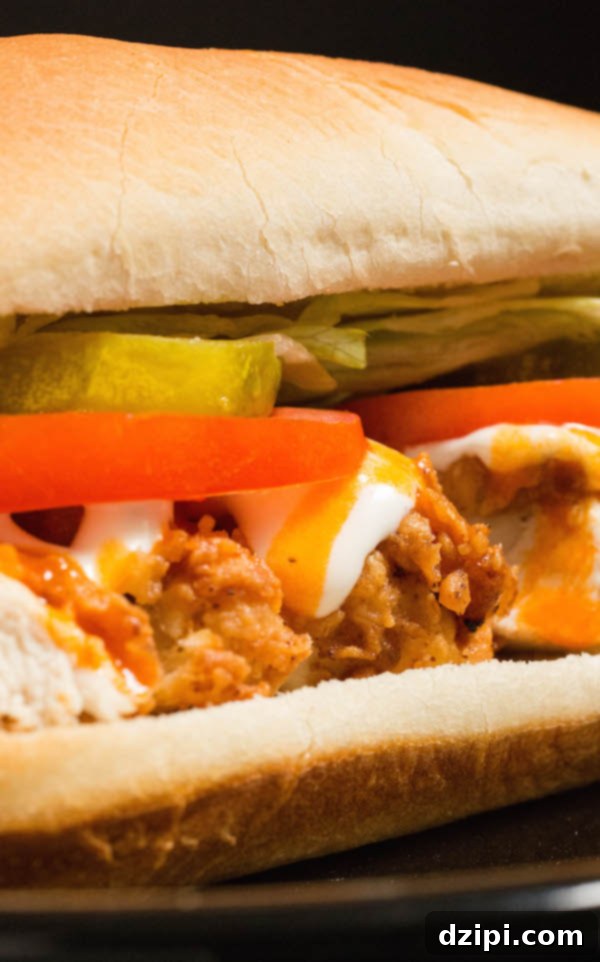 The Ultimate Homemade Chicken Tender Sub 4 Two Chicken Tender Subs drizzled generously with ranch and buffalo sauce, ready to serve.
