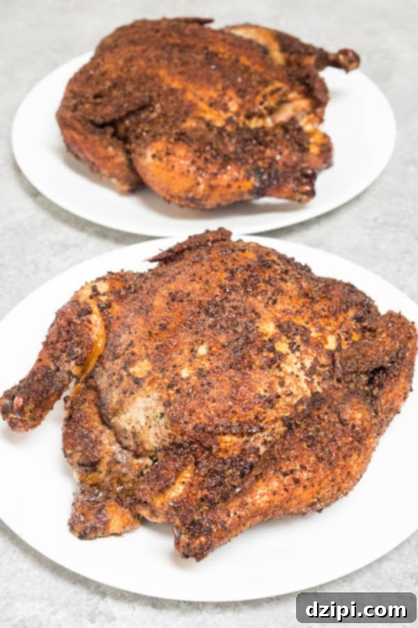 Two perfectly cooked, golden-brown Coffee Rubbed Whole Smoked Chickens ready to be carved.