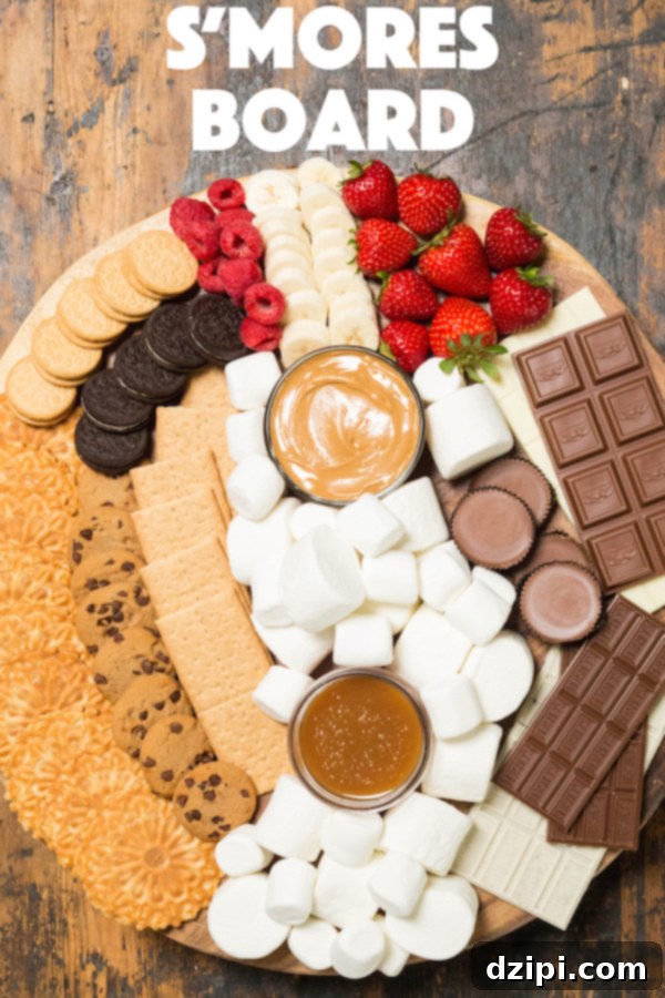 S'mores Creation Station 2 A large wooden board with various marshmallows, cookies, chocolates, and toppings to make gourmet s'mores for a crowd.