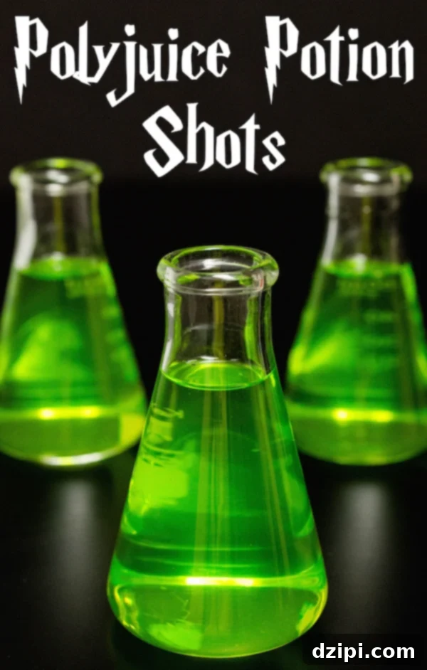 Brewing Polyjuice Potion Shots 2 Three beaker shot glasses filled with green Polyjuice Potion Shots, ready for a magical party.