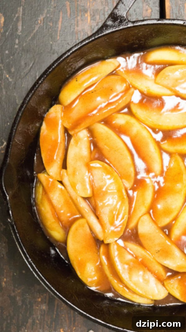 Homemade Sweet Fried Apples 3 Cracker Barrel Fried Apples served in a cast iron skillet, ready to be enjoyed.