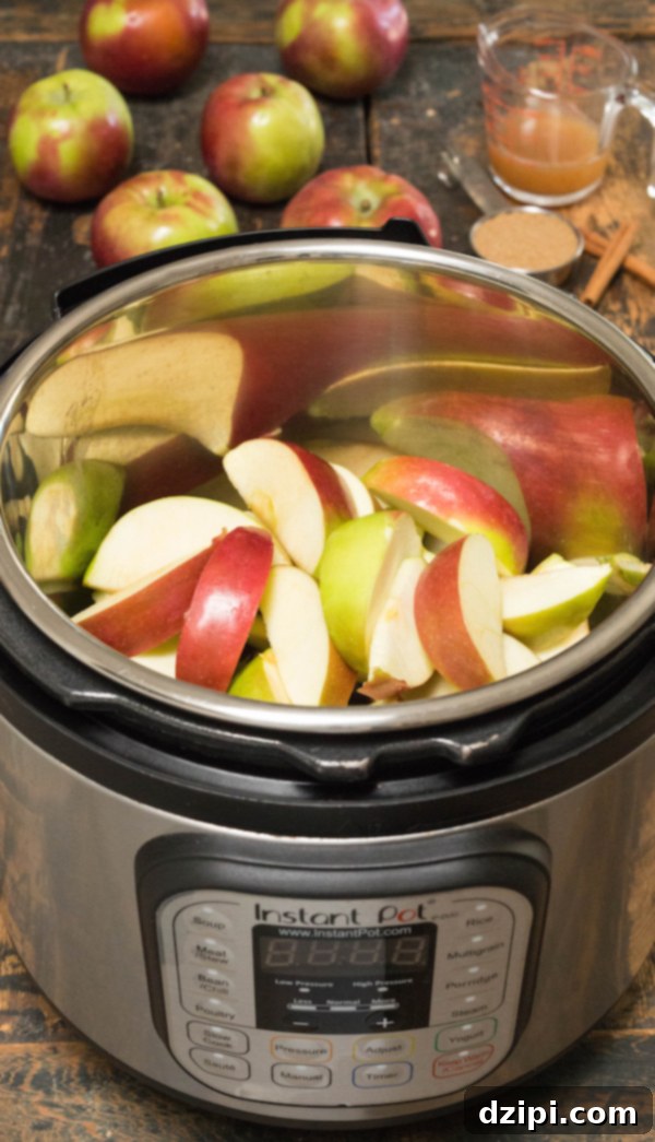 Velvety Instant Pot Apple Butter 3 An Instant Pot filled with neatly sliced apples, apple cider, brown sugar, and cinnamon, ready for cooking.