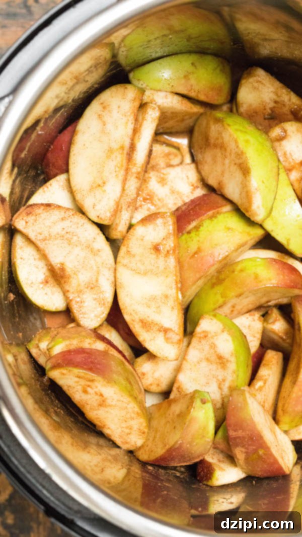 Velvety Instant Pot Apple Butter 5 Apple cider being poured over sliced apples and brown sugar in the Instant Pot to make apple butter, showcasing the initial mixing step.