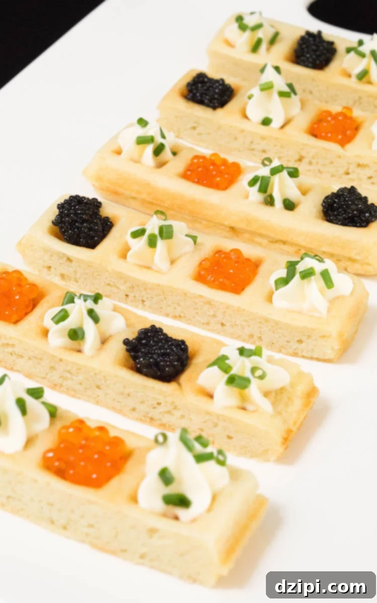 Exquisite Caviar Waffle Sticks served on an elegant white platter, perfect for upscale entertaining.
