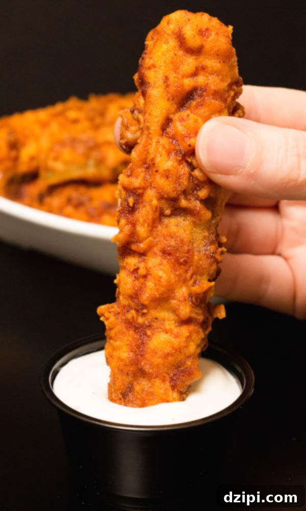 Close-up of a hand holding a Nashville Hot fried pickle spear, showcasing its crispy coating and spicy sauce.