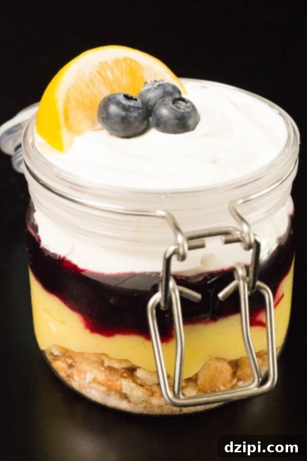 A beautifully presented Meyer lemon curd and blueberry parfait in a glass jar, garnished with a fresh lemon slice and three plump blueberries, against a dark background.