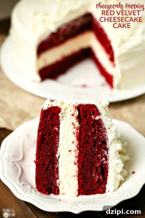 Clone Your Favorite Restaurant Meals At Home 15 A slice of Layered Red Velvet Cheesecake Cake on a white plate with the rest of the cake in the background