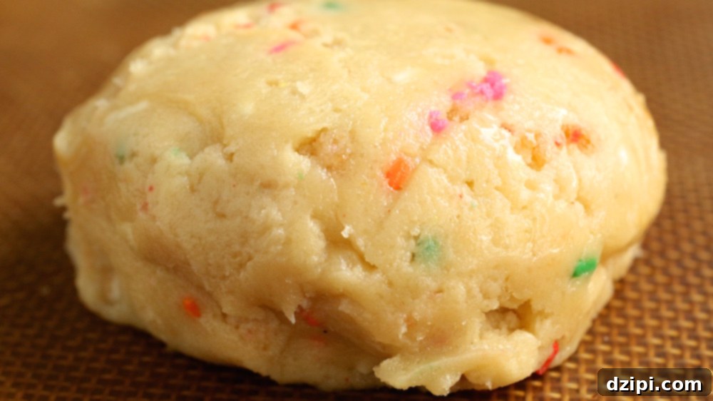 Close-up of Momofuku Confetti Cookie Dough, studded with vibrant rainbow sprinkles, before baking. It shows the rich texture and festive colors.
