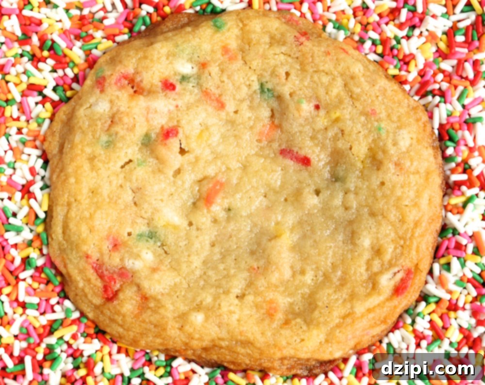 A perfectly baked Momofuku Milk Bar Confetti Cookie, showcasing its crinkled edges, soft center, and vibrant sprinkles, ready for a delightful bite.