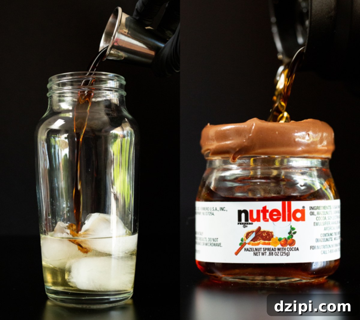 A two photo collage showing pouring the ingredients into a cocktail shaker, then straining it into a miniature Nutella jar.