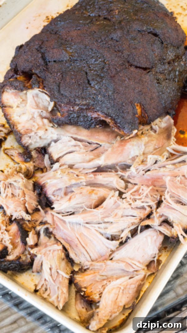Cherry Cola Smoked Pulled Pork 3 A smoked pork shoulder sits on a metal baking pan, half shredded, showcasing its tender texture.