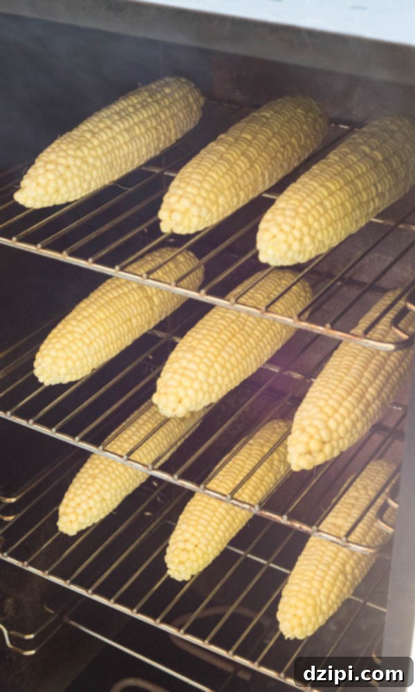 Ember-Kissed Corn on the Cob 2 Three racks of corn inside a smoker, showcasing the ease of preparing smoked corn on the cob for a crowd