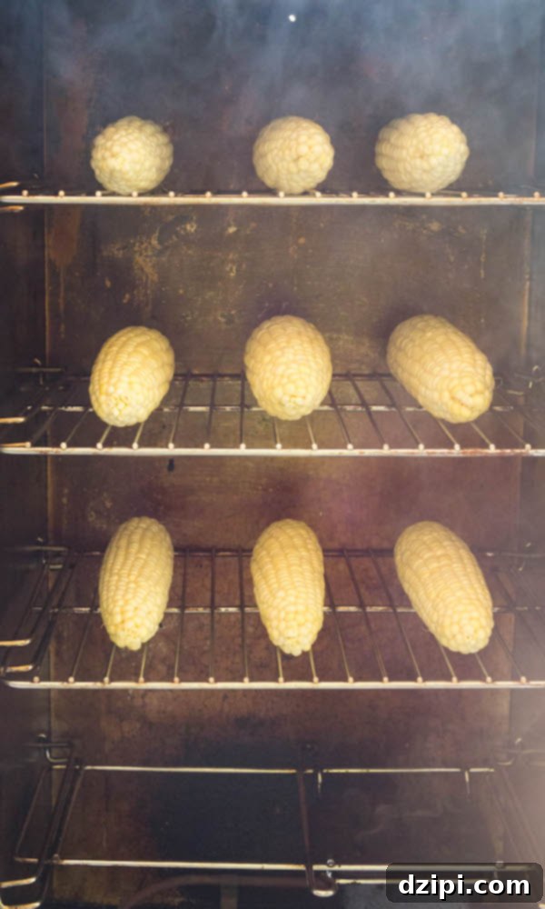 Ember-Kissed Corn on the Cob 3 Head-on view of three racks of corn on the cob being cooked in a smoker, demonstrating the process of how to smoke corn
