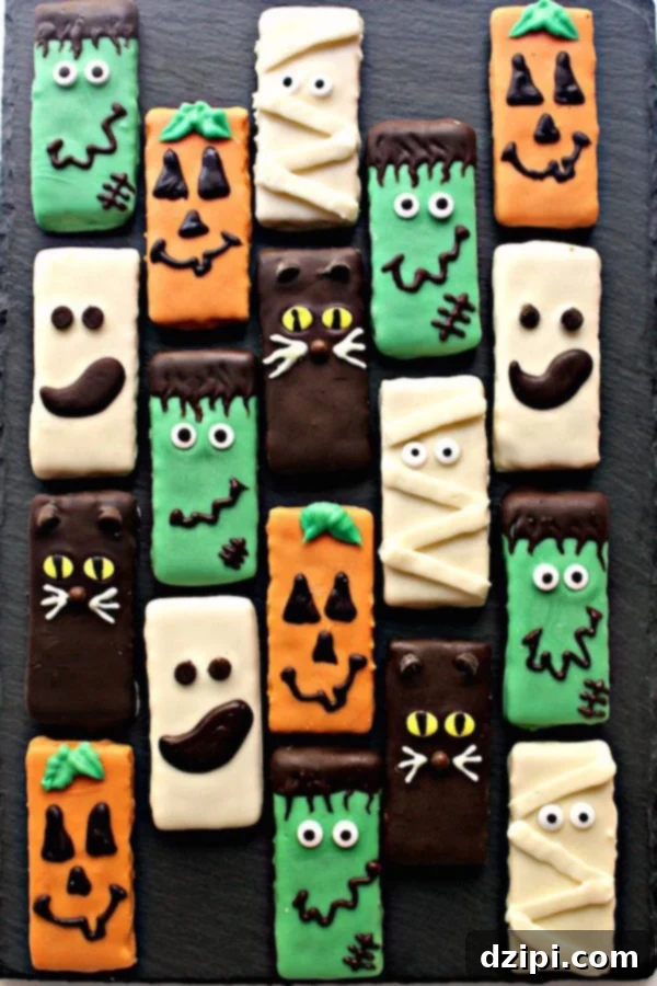 Graham crackers covered in chocolate and intricately decorated with icing and candy eyes to resemble jack-o-lanterns, ghosts, black cats, Frankensteins, and mummies