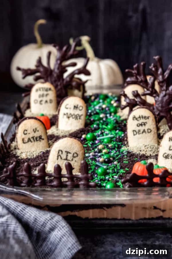 A rich chocolate cake presented in a casserole dish, artfully decorated to resemble a spooky graveyard with 'RIP' gravestones made from Milano cookies