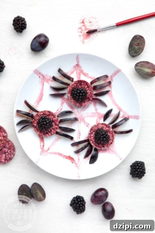 Rice cakes dyed purple with blackberries, cleverly decorated with sliced grapes for legs to resemble spiders on a web