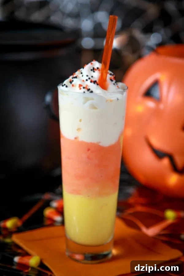 A vibrant, layered milkshake resembling a candy corn, with white, orange, and yellow sections, ready to be enjoyed