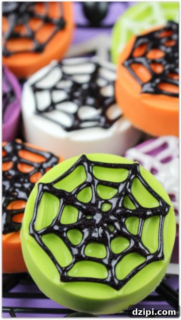 Oreos meticulously covered in neon green, white, and orange chocolate, then artfully decorated with intricate black spider webs on top