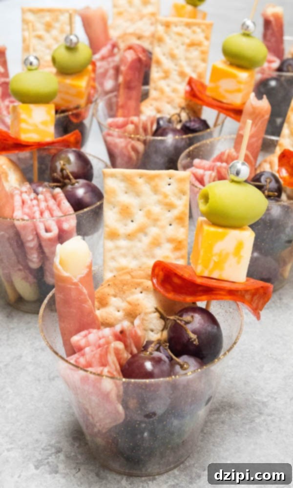 An assortment of gourmet individual charcuterie cups filled with cheeses, cured meats, fresh fruits, and crackers, perfect for party appetizers.