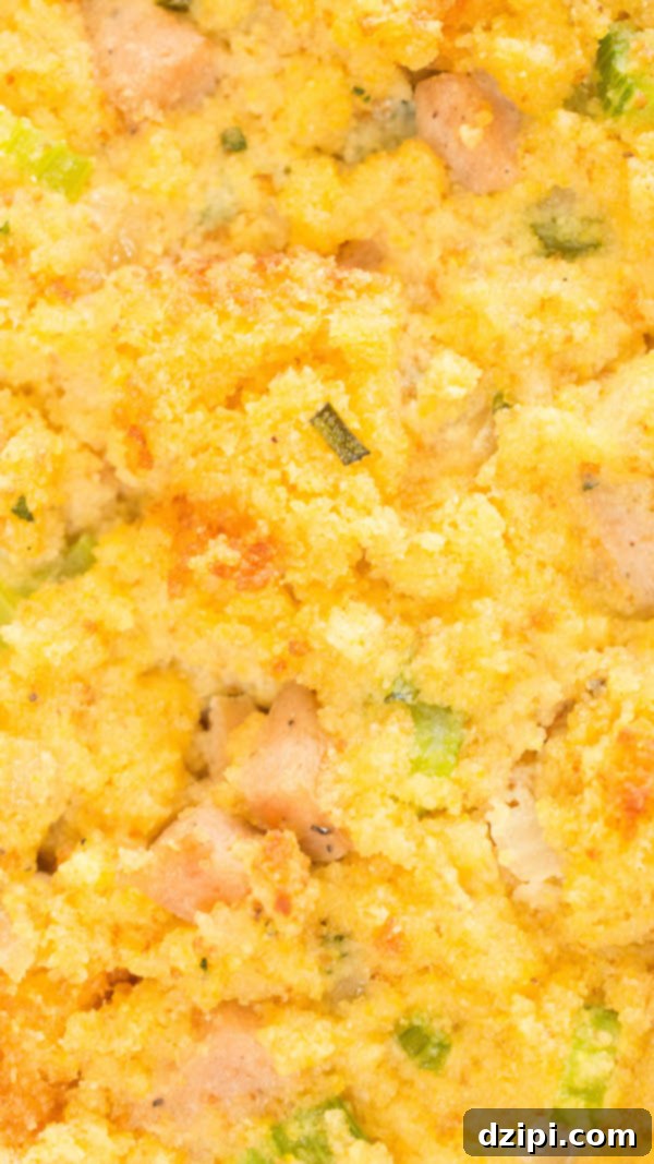 Extreme close up of cornbread & sausage stuffing
