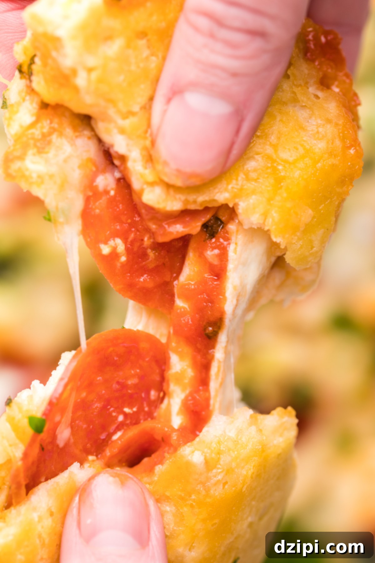 A close-up of a perfectly cooked biscuit from the pizza casserole, gently pulled apart to reveal its cheesy, pepperoni-filled interior, steaming hot and ready to eat.