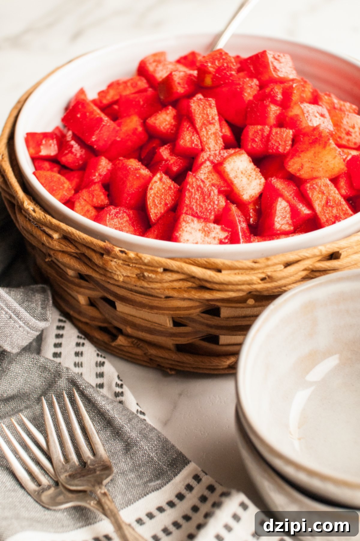 A large serving filled with chopped apples covered in red cherry Jello powder