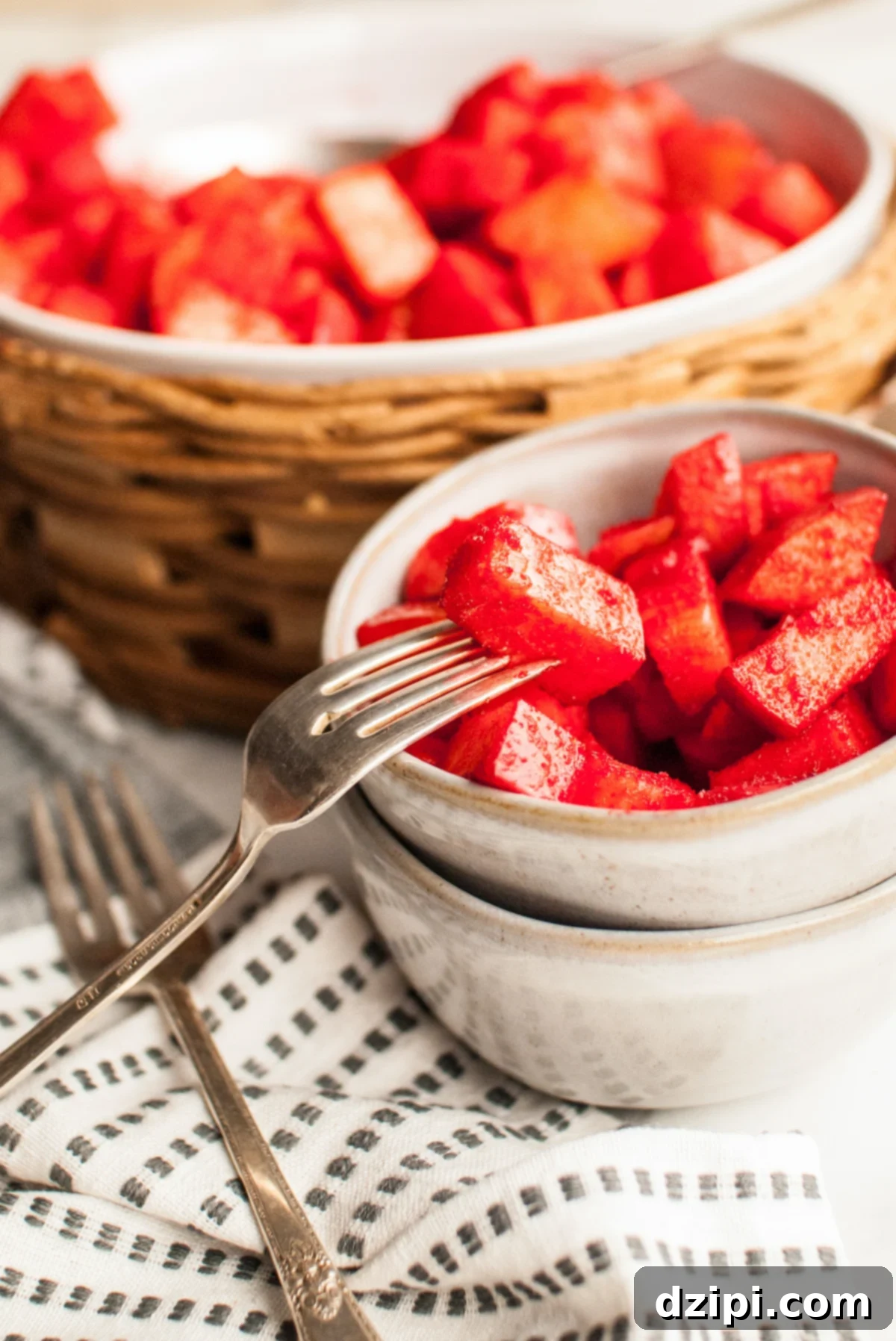 A fork holds a single apple piece from a bowl of cherry Jello covered apples
