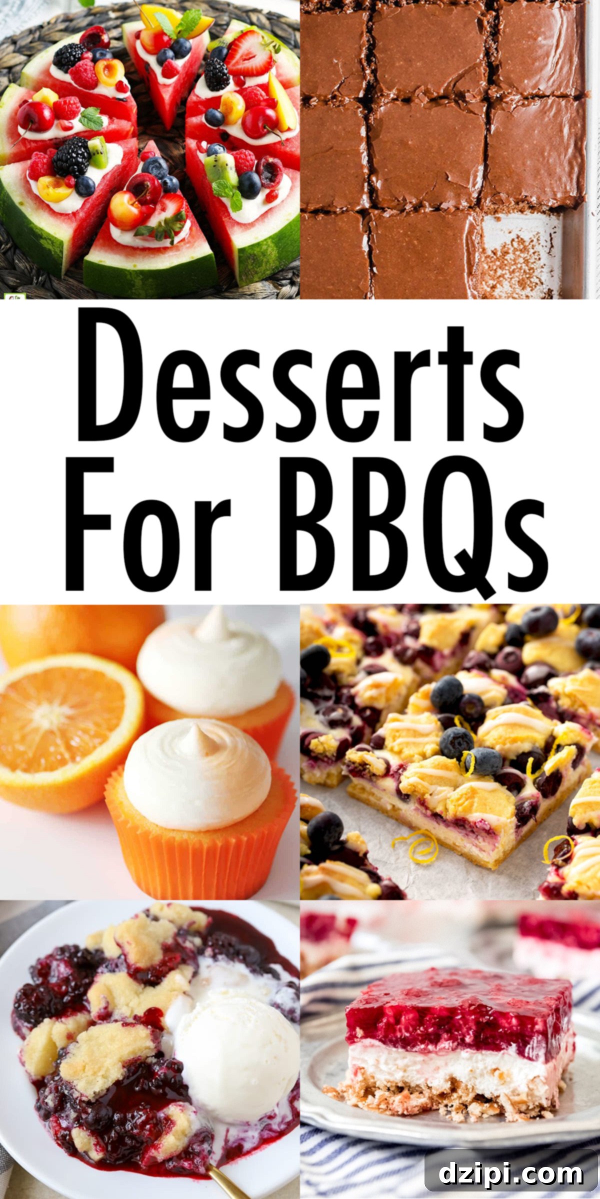 A vibrant collage of various summer desserts perfect for BBQs, including fruit tarts, chocolate treats, pies, and cupcakes, with text overlay: 'Desserts for BBQs'.