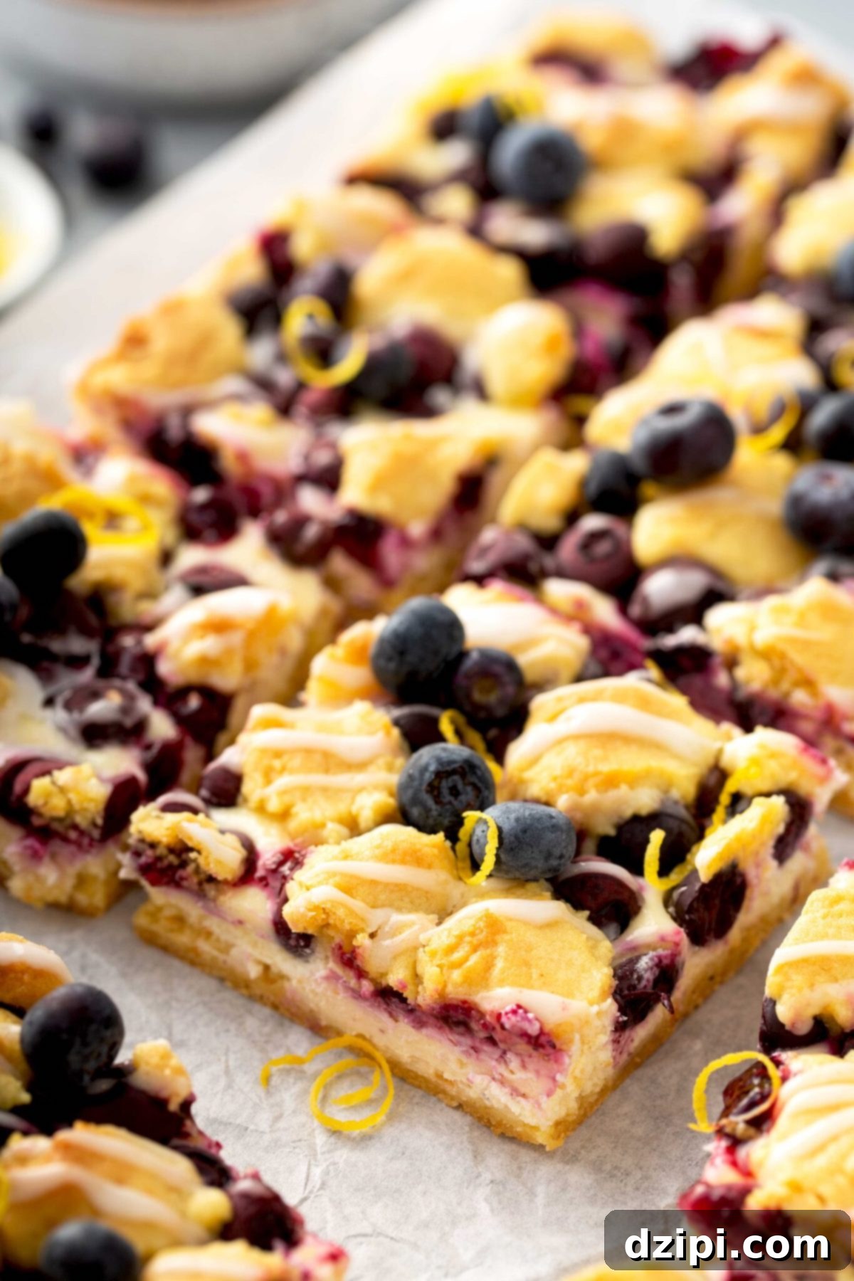 A baking pan filled with freshly cut lemon blueberry cheesecake bars, showcasing their golden crumb topping and creamy filling.