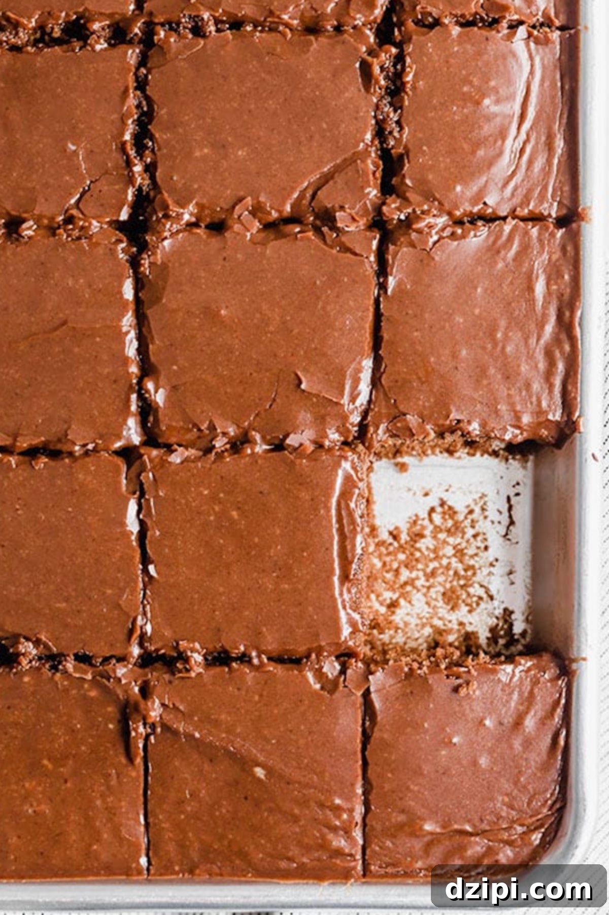 An overhead view of a rich chocolate Texas Sheet Cake, already perfectly cut into square slices, ready to be served.