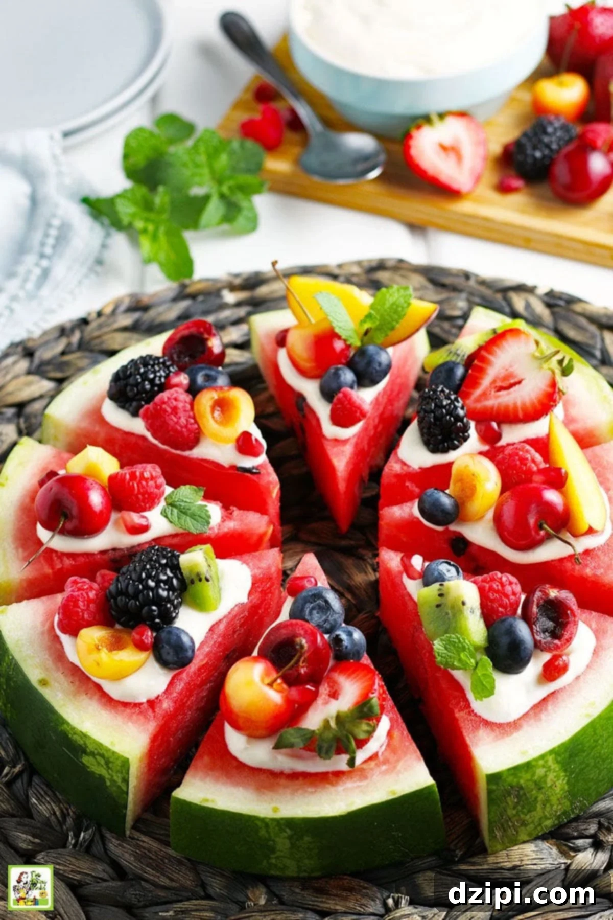 Eight watermelon slices arranged like a pizza, topped with creamy Greek yogurt and an assortment of fresh berries and fruit.