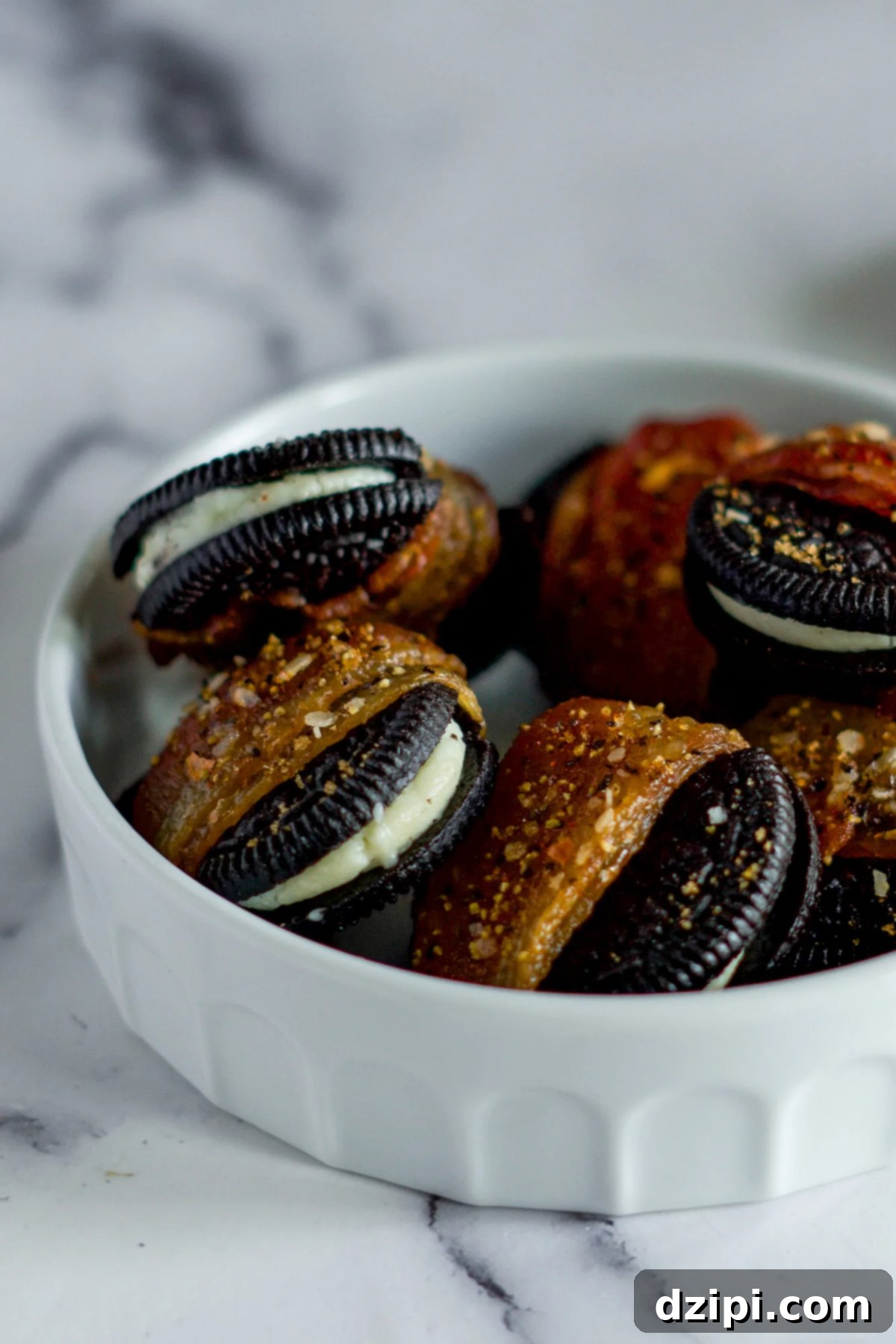A bowl filled with Oreo cookies that have been meticulously wrapped in crispy bacon and then smoked, offering a unique sweet and savory BBQ dessert.