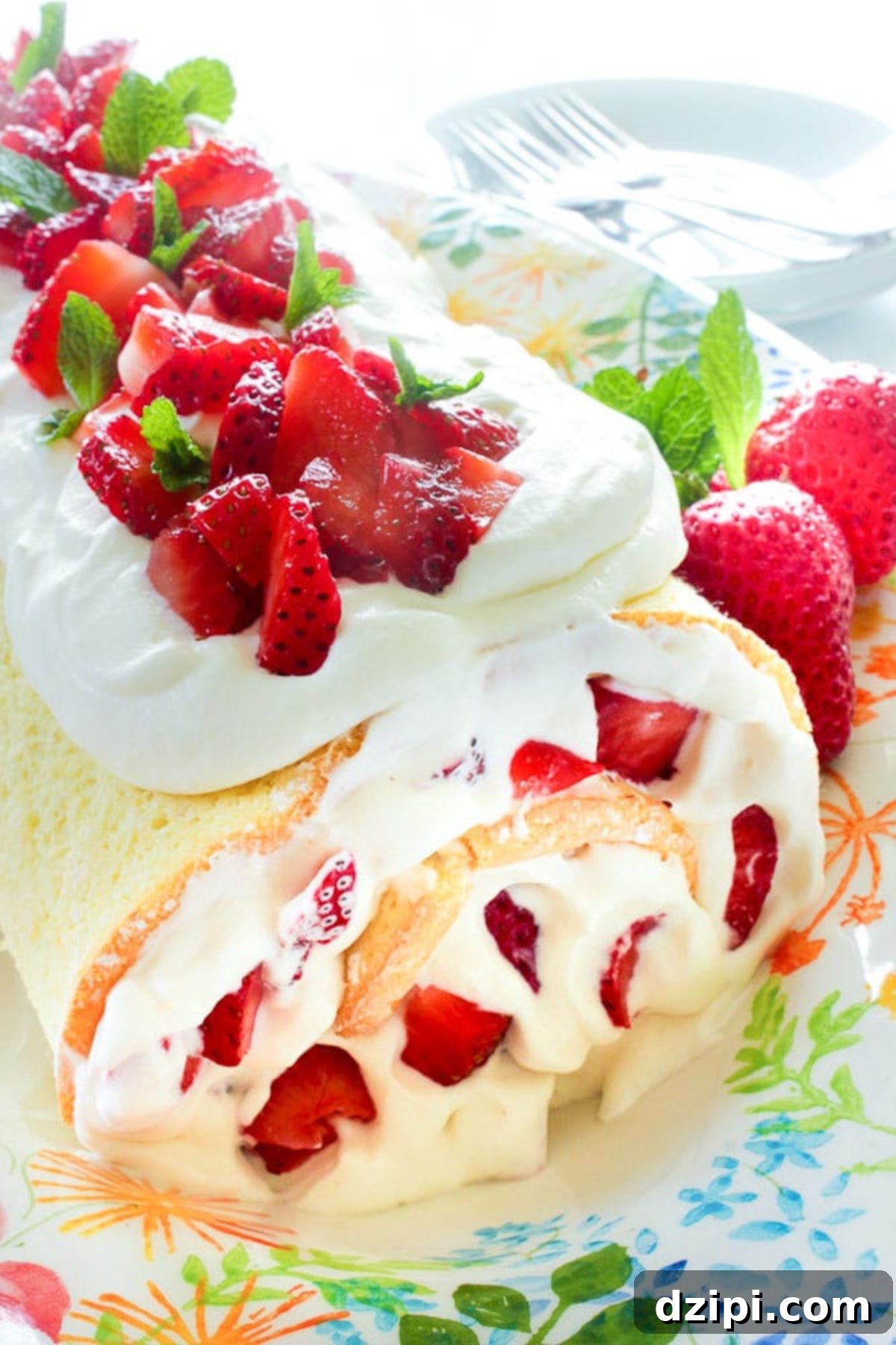 A beautiful yellow cake roll generously filled with cream and fresh strawberries, adorned with more strawberries and whipped cream on top.