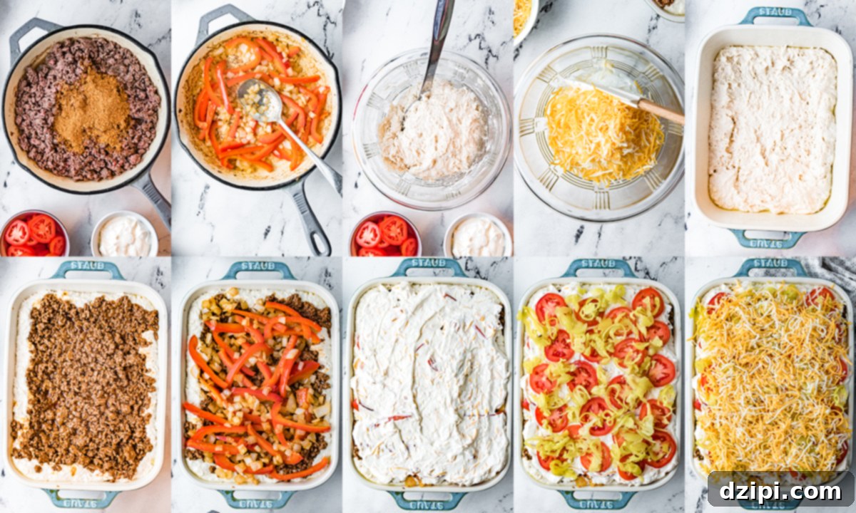 A collage showing the steps to making John Wayne Casserole. Each image corresponds the numbered instructions below.