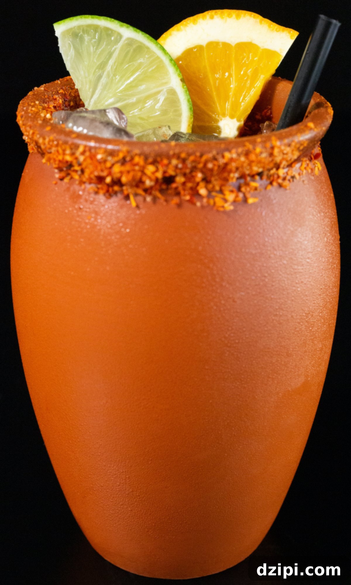 A clay pot filled with a cantarito cocktail sits on a black background. The rim of the pot is covered in chile salt and it is garnished with a lime and orange slice.