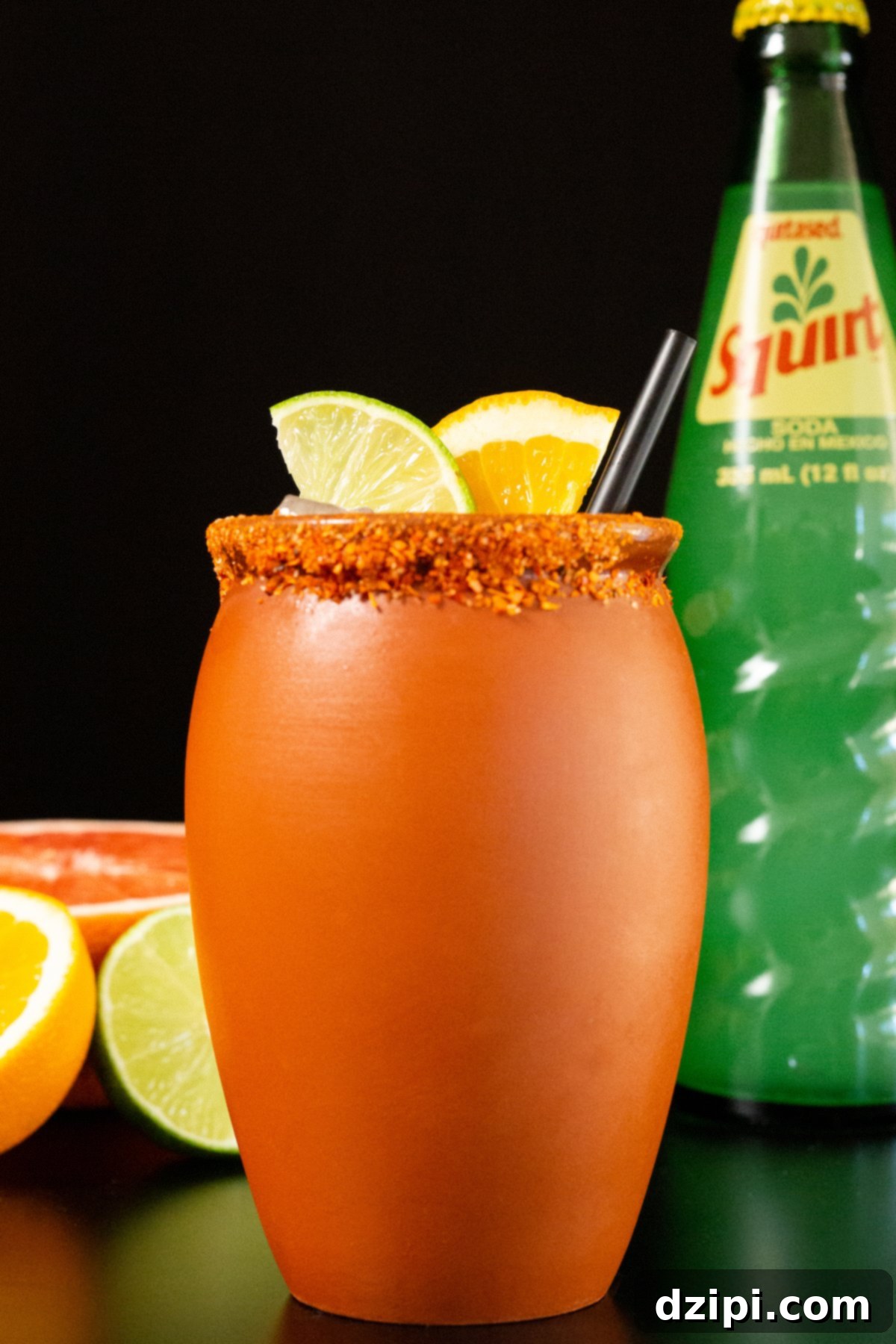A clay jar that's filled with a cantarito cocktail is garnished with a lime & orange slice. It sits on a black background next to a glass bottle of squirt soda and sliced grapefruit, orange, and lime.