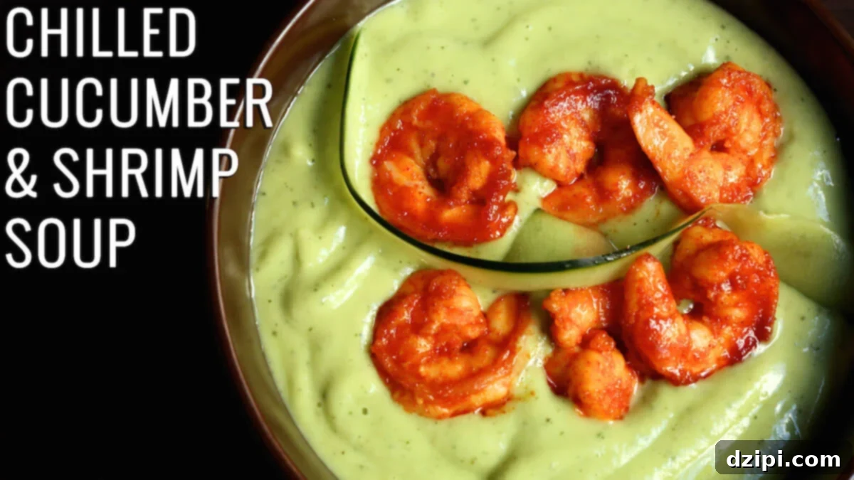 Cool Coastal Shrimp Avocado Cucumber Soup 2 A cold green soup with shrimp covered in red sauce on top. Text reads "Chilled Cucumber & Shrimp Soup"