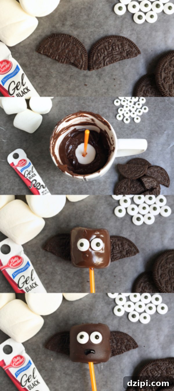 A step-by-step visual guide showing how to assemble Vampire Bat Marshmallow Pops, from preparing Oreo wings to dipping marshmallows in chocolate, adding candy eyes, and finally drawing on vampire fangs.