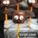 Vampire Bat Marshmallow Pops - A close-up view of a completed treat showing the delicious chocolate and detailed bat features.