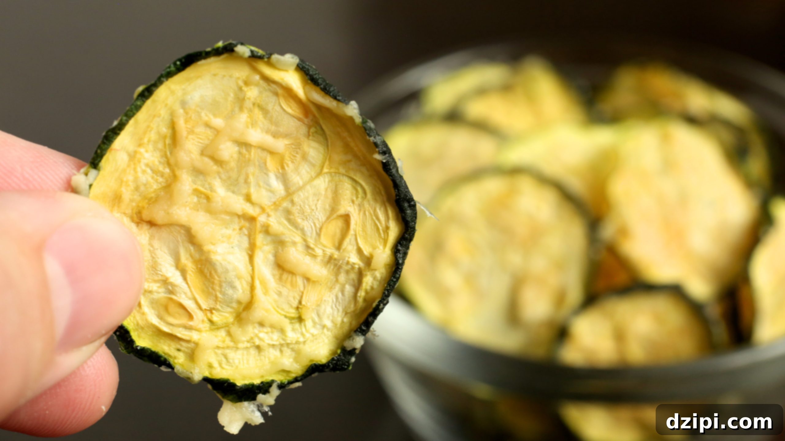 A hand holds up a single parmesan zucchini chip in front of a bowl full of them.