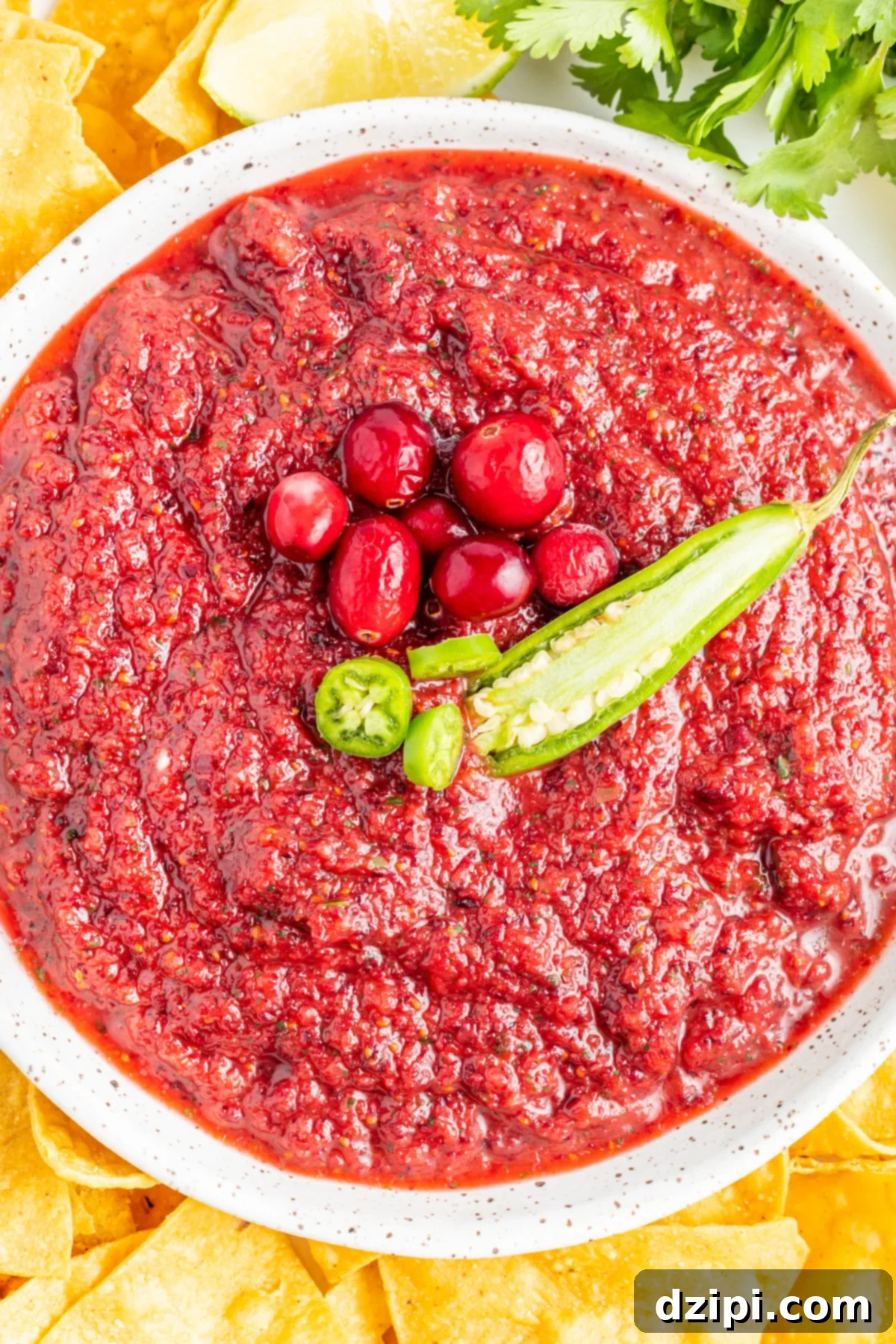 Ruby Red Cranberry Burst 2 Overhead view of a white bowl filled with a pureed cranberry salsa that's garnished with whole cranberries and a sliced jalapeno pepper on top.