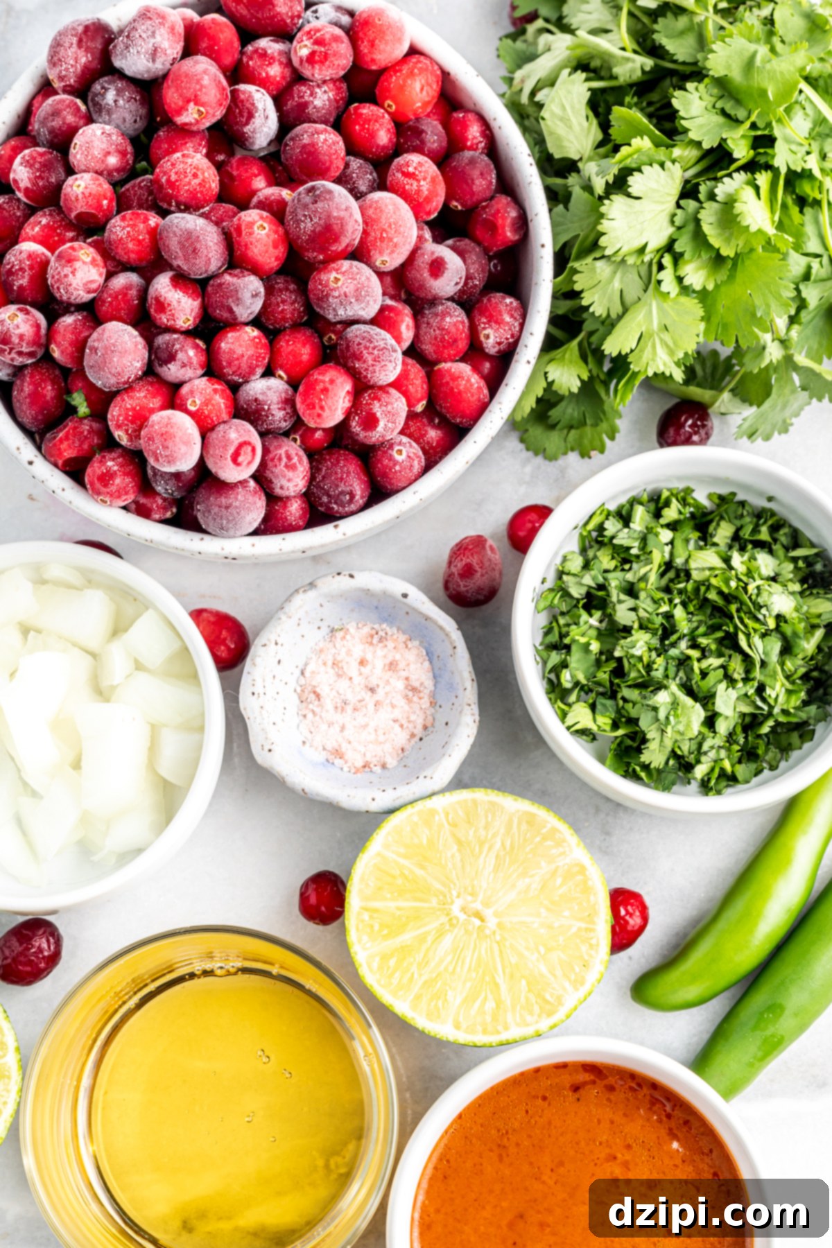 Ruby Red Cranberry Burst 3 All the ingredients needed to make cranberry salsa in prep bowls.
