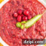 Ruby Red Cranberry Burst 8 Overhead view of a white bowl filled with a pureed cranberry salsa that's garnished with whole cranberries and a sliced jalapeno pepper on top.