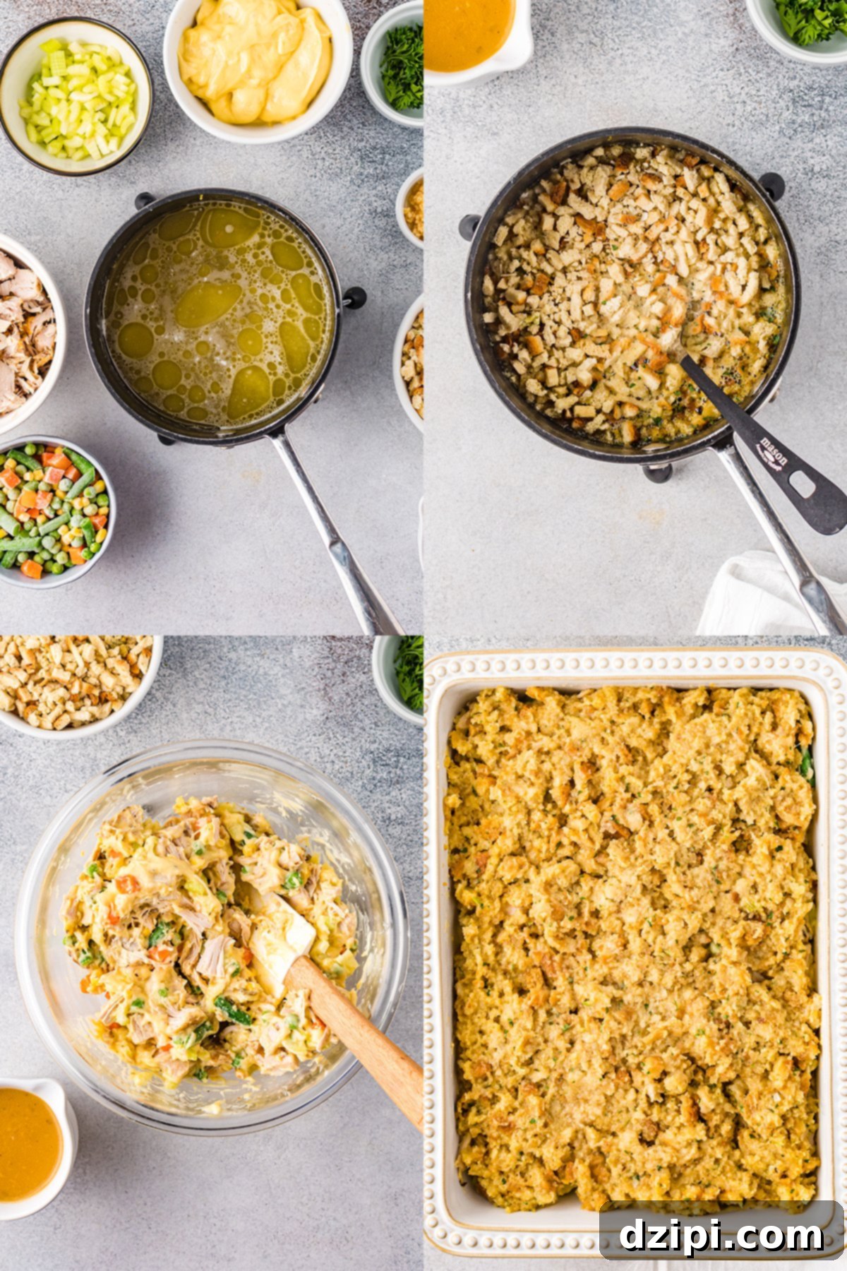 A four-panel photo collage illustrating the preparation of Turkey Stuffing Casserole: 1. Broth and butter boiling in a pot. 2. Dry stuffing mix being added to the hot liquid. 3. Cubed turkey, mixed vegetables, and cream of chicken soup being stirred in a mixing bowl. 4. Layers of the turkey mixture and prepared stuffing assembled in a baking dish, ready for the oven.