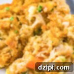 Close up of the turkey casserole. You can see the individual chopped vegetables.