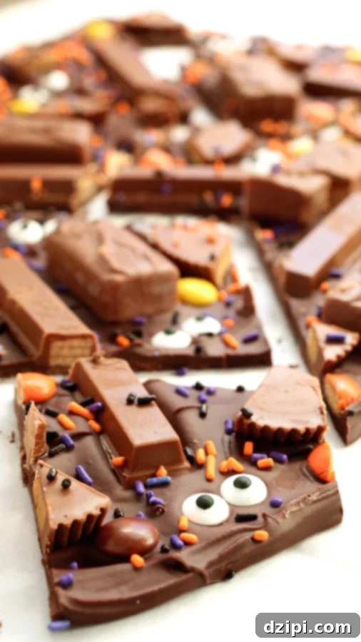 Perfectly sliced and broken Halloween Candy Bark, showcasing the various candy toppings embedded in the chocolate.