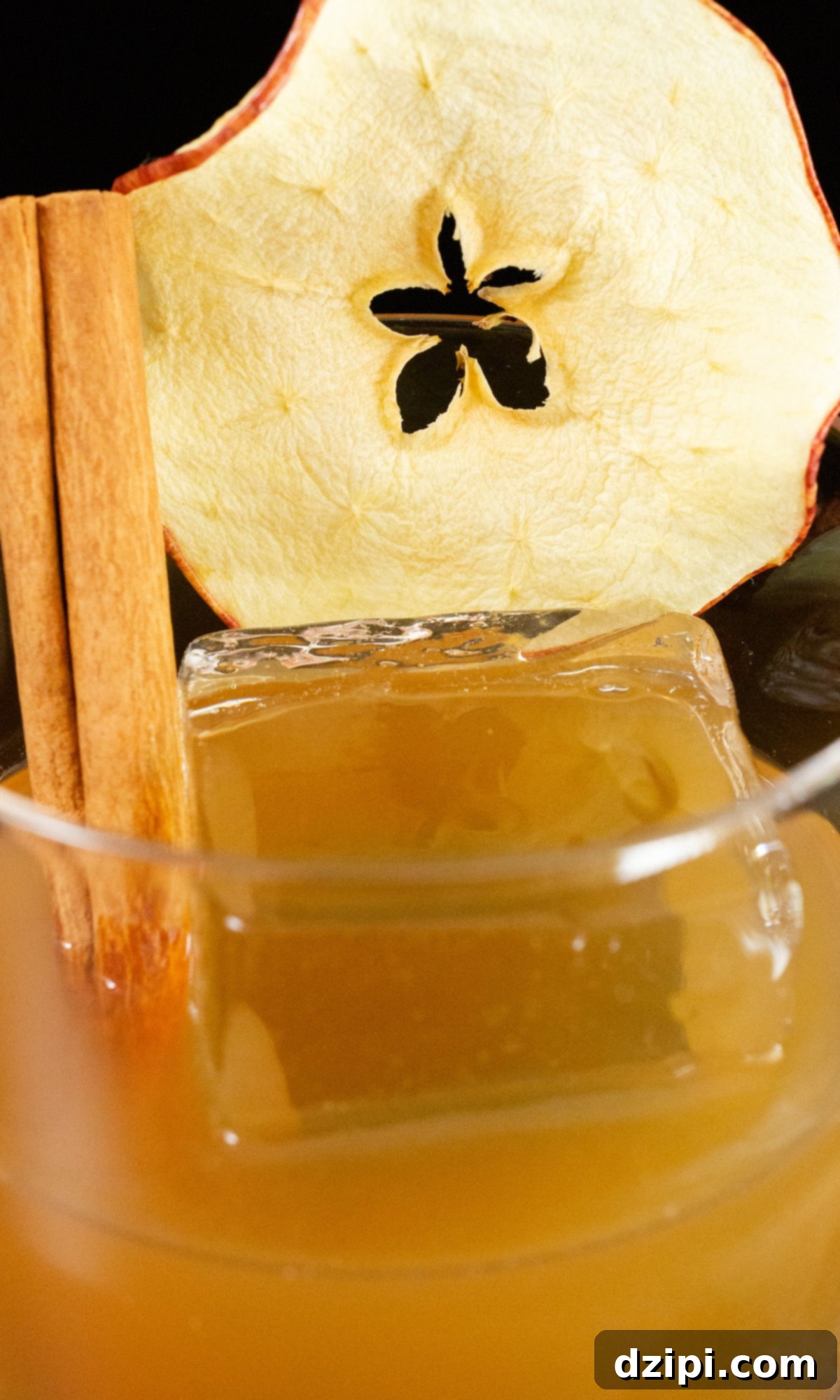 Close up of an apple old fashioned in a low ball glass. It is garnished by a whole dehydrated apple slice and cinnamon stick, emphasizing its inviting autumn appeal.