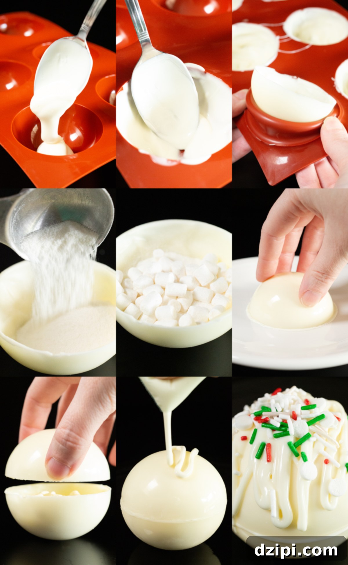 A nine photo collage showing the steps for making white hot chocolate bombs. 1 - pour chocolate in sphere mold, 2 - spread chocolate around mold with the back of a spoon, 3 - carefully remove set chocolate from mold, 4 - fill one half sphere with white hot chocolate powder, 5 - add dehydrated marshmallows, 6 - melt the rim of an empty chocolate sphere on a hot plate, 7 - place melted edge sphere on top of the one you filled with powder and marshmallows, 8 - drizzle white chocolate on top, 9 - add sprinkles too the drizzled chocolate.